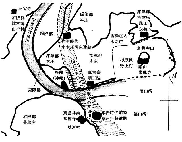 戦国時代芦田川鹿島（神島）周辺推定略地図