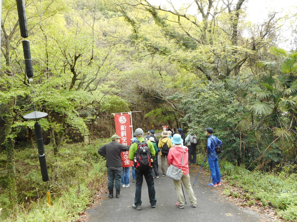 一面新緑の中で説明を聞く参加者。まさに「渭城朝雨潤輕塵」の心境です。