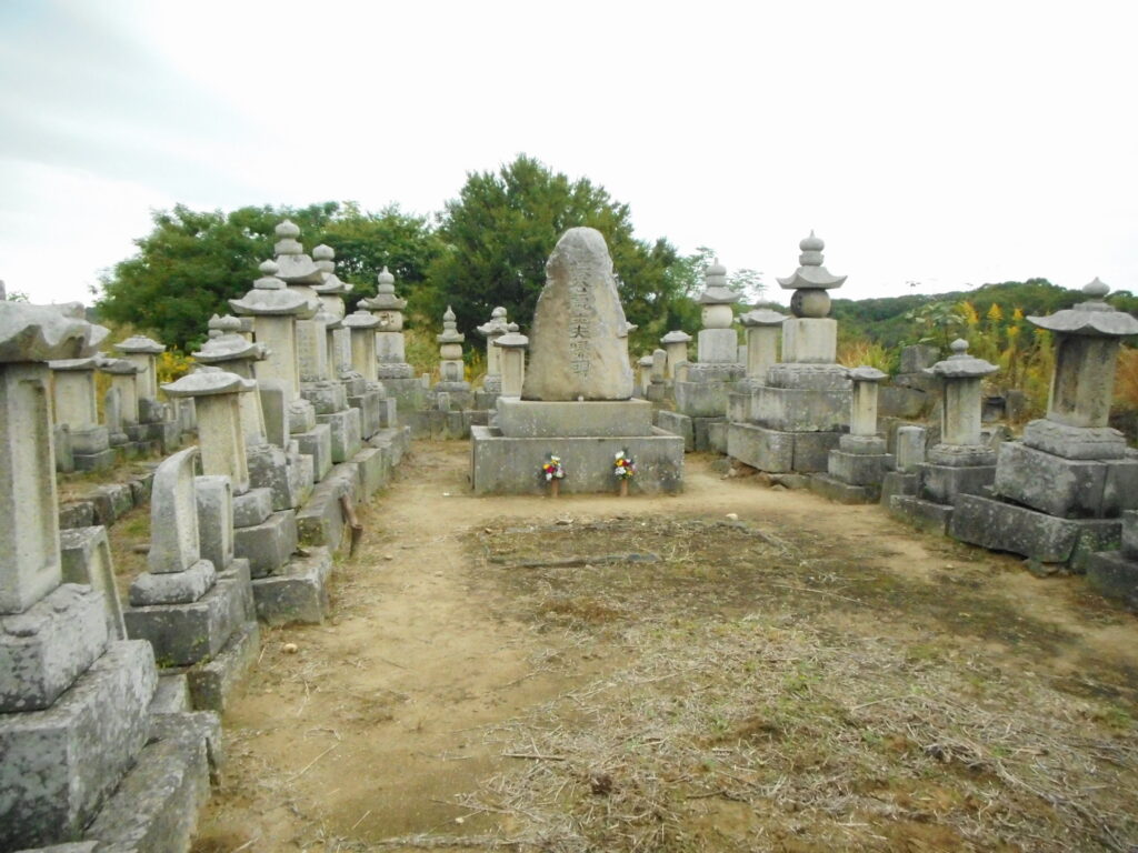中心に機谷夫婦の墓石、他百基ほどの墓石群が丘の上にあります。大名の墓所の様な趣があります。今日は雨上