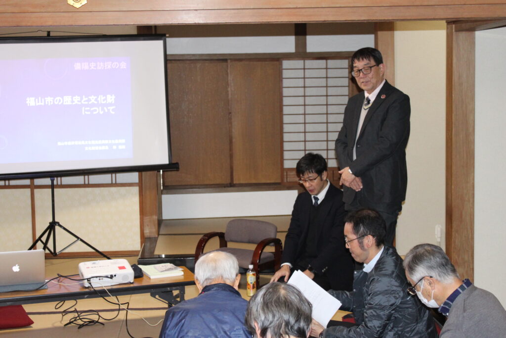 会場はいつも通り福山城御湯殿で、田口会長の挨拶と講師の紹介で始まり、